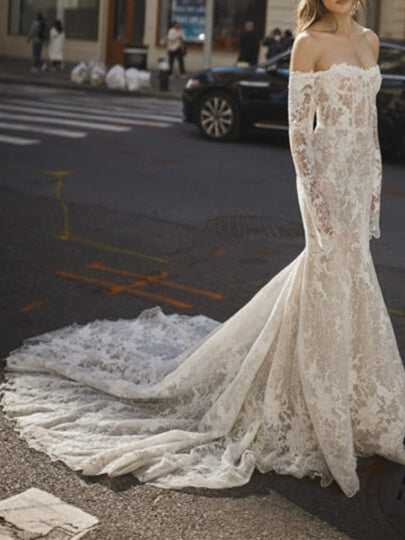 Trumpet/Mermaid Off-The-Shoulder Floor-Length Lace Wedding Dress