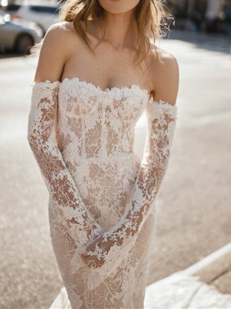 Trumpet/Mermaid Off-The-Shoulder Floor-Length Lace Wedding Dress