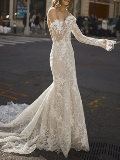 Trumpet/Mermaid Off-The-Shoulder Floor-Length Lace Wedding Dress