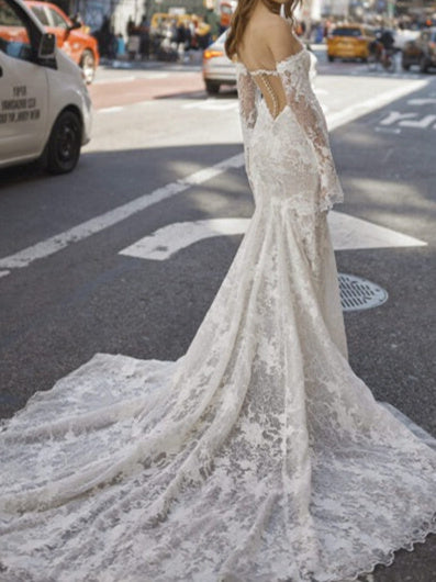 Trumpet/Mermaid Off-The-Shoulder Floor-Length Lace Wedding Dress