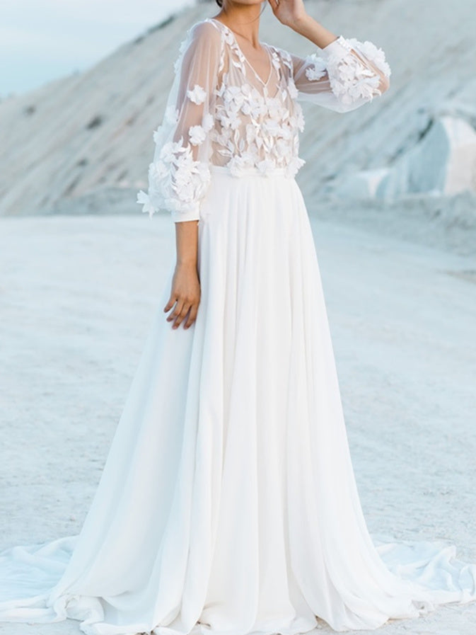 A-Line/Princess V-Neck Floor-Length Wedding Dress With Appliques