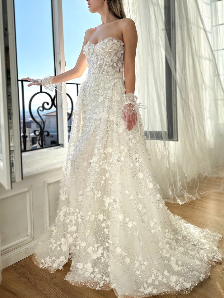 Mermaid/Trumpet Sweetheart Strapless Long Sleeves/Gloves Floor-Length  Wedding Dresses with Appliques