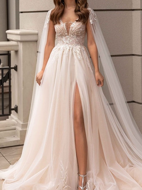 A-Line/Princess V-Neck Floor-Length Wedding Dress With Split Side