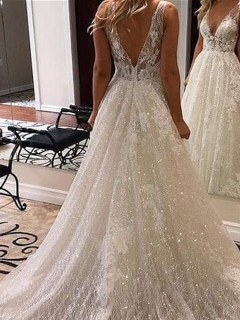 A-Line/Princess V-Neck Floor-Length Wedding Dress With Appliques