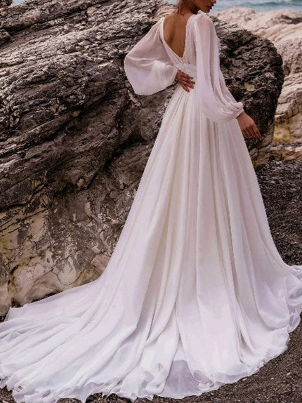 A-Line/Princess V-Neck Floor-Length Wedding Dress With Split Side