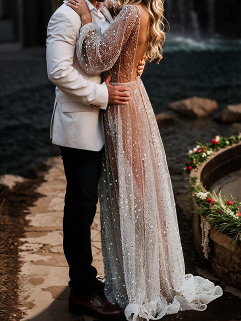 A-Line/Princess V-Neck Floor-Length Sequins Wedding Dress