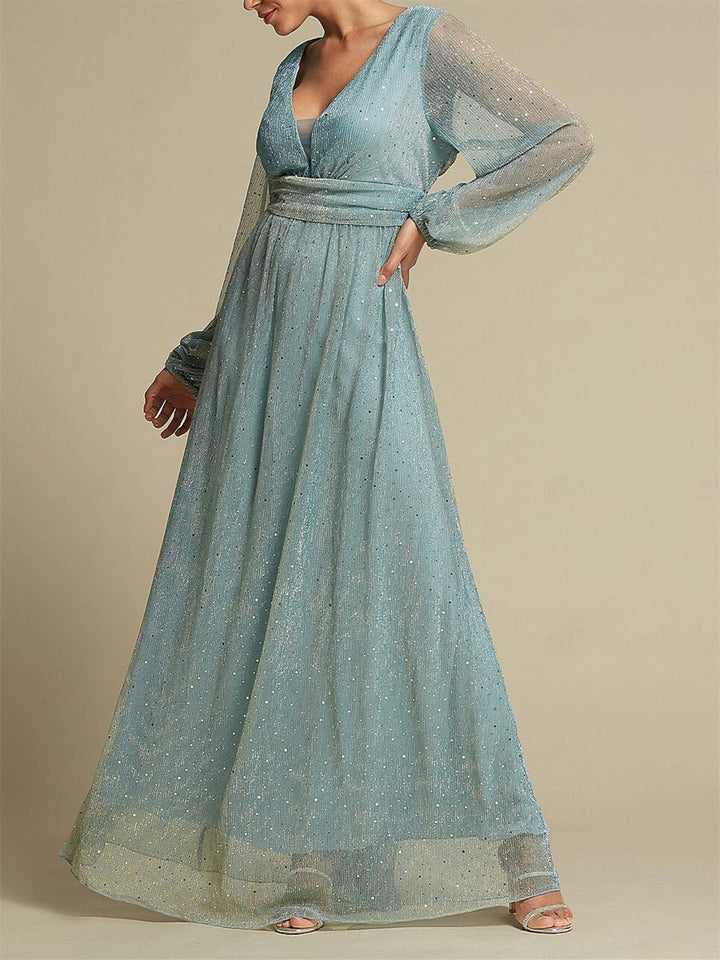 A-Line/Princess V Neck Floor-Length Long Sleeves Party Dresses Wedding Guest Dress