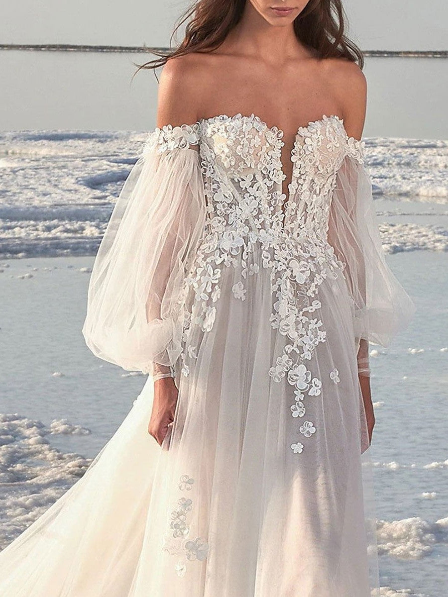 A-Line/Princess Off-the-Shoulder Court Train Wedding Dress for Beaching Wedding