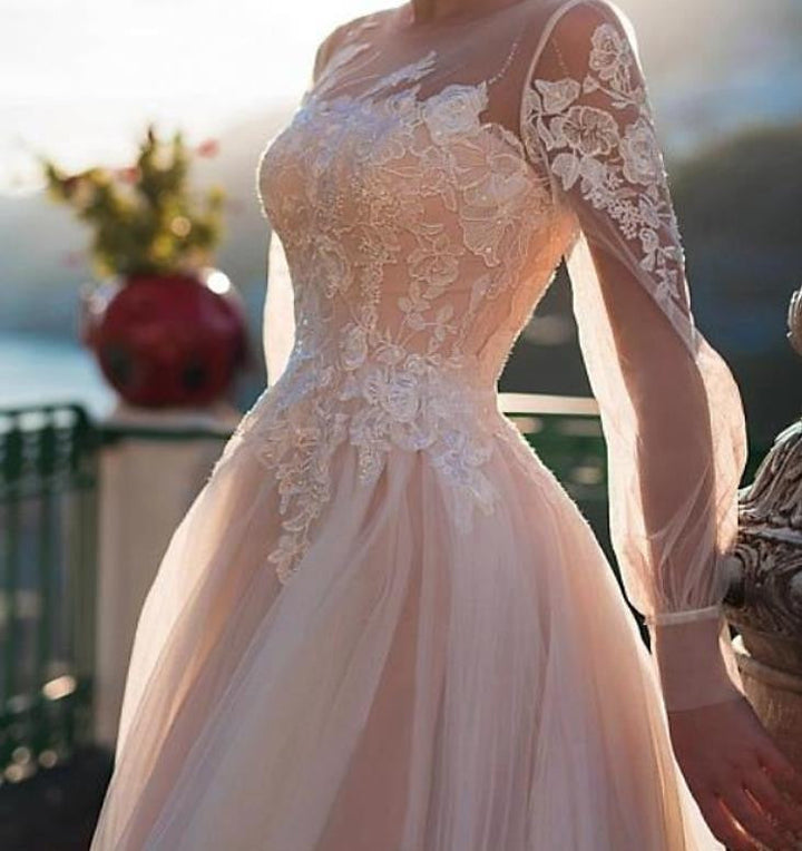 A-Line/Princess Illusion Neck Beach Wedding Dress with Embroidery Appliques