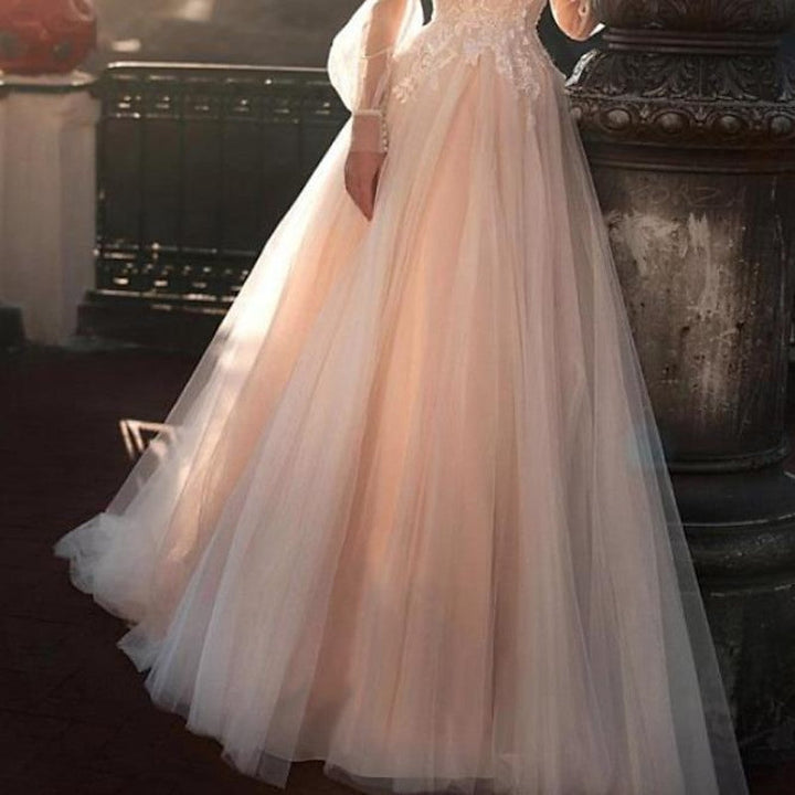 A-Line/Princess Illusion Neck Beach Wedding Dress with Embroidery Appliques