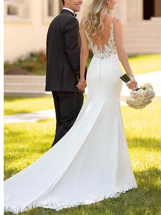 Mermaid/Trumpet V-Neck Sleeveless Wedding Dresses Court Train with Appliques