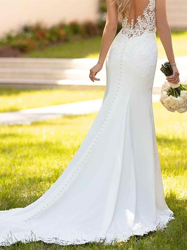 Mermaid/Trumpet V-Neck Sleeveless Wedding Dresses Court Train with Appliques