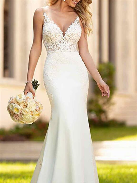 Mermaid/Trumpet V-Neck Sleeveless Wedding Dresses Court Train with Appliques