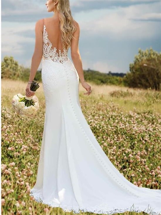 Mermaid/Trumpet V-Neck Sleeveless Wedding Dresses Court Train with Appliques