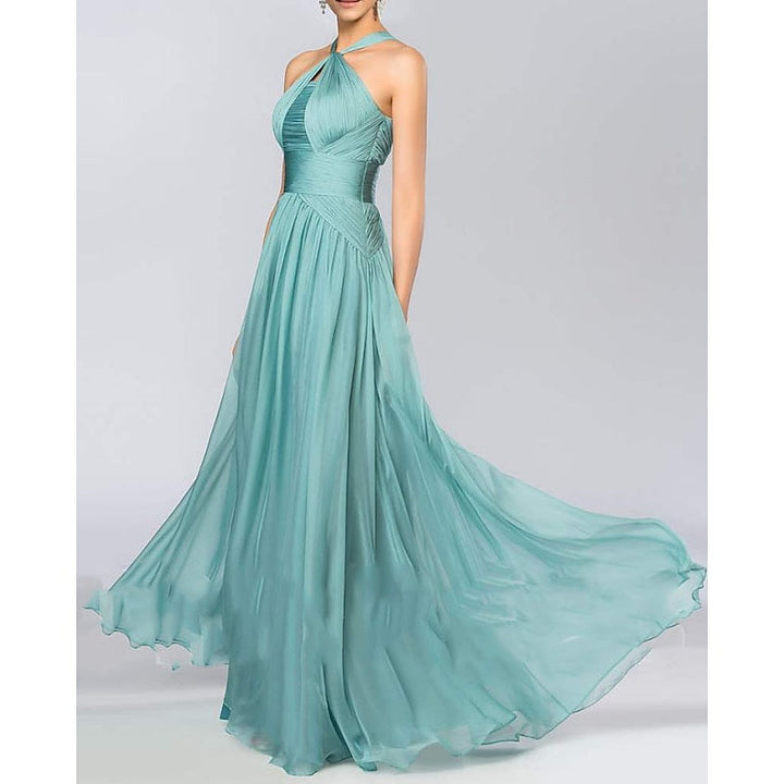 A Line/Princess Halter Neck  Sleeveless Elegant Floor-Length Wedding Guest Dress