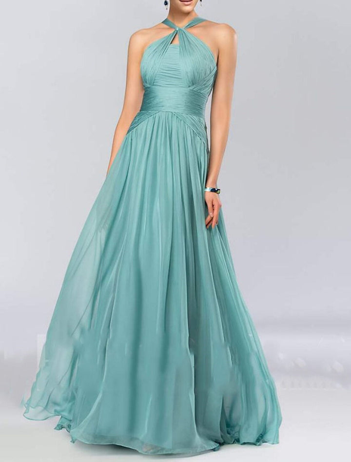 A Line/Princess Halter Neck  Sleeveless Elegant Floor-Length Wedding Guest Dress