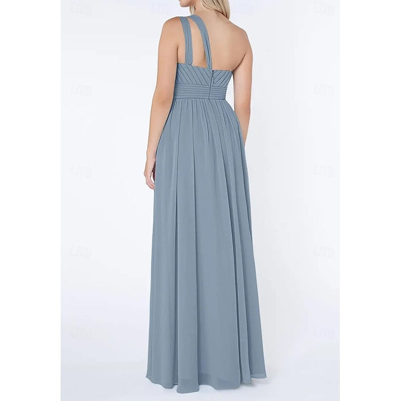 A Line/Princess One Shoulder Sleeveless Floor-Length Wedding Guest Dress