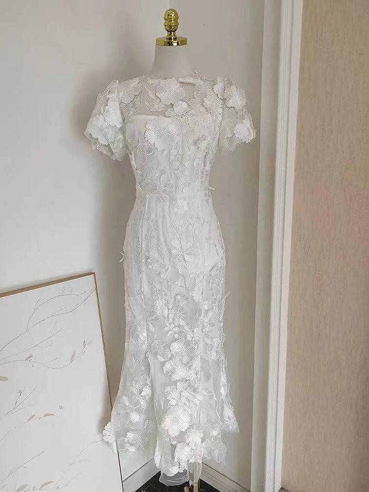 Mermaid/Trumpet Short Sleeves Wedding Guest Dress with Flower