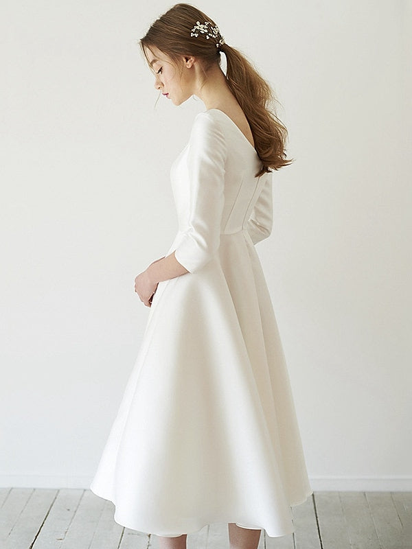 A-Line/Princess 3/4 Sleeves Scoop Neck Tea-Length Wedding Dresses