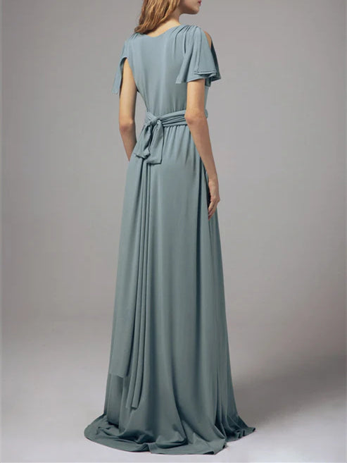 A-Line/Princess V-Neck Short Sleeves Floor-Length Chiffon Wedding Guest Dresses