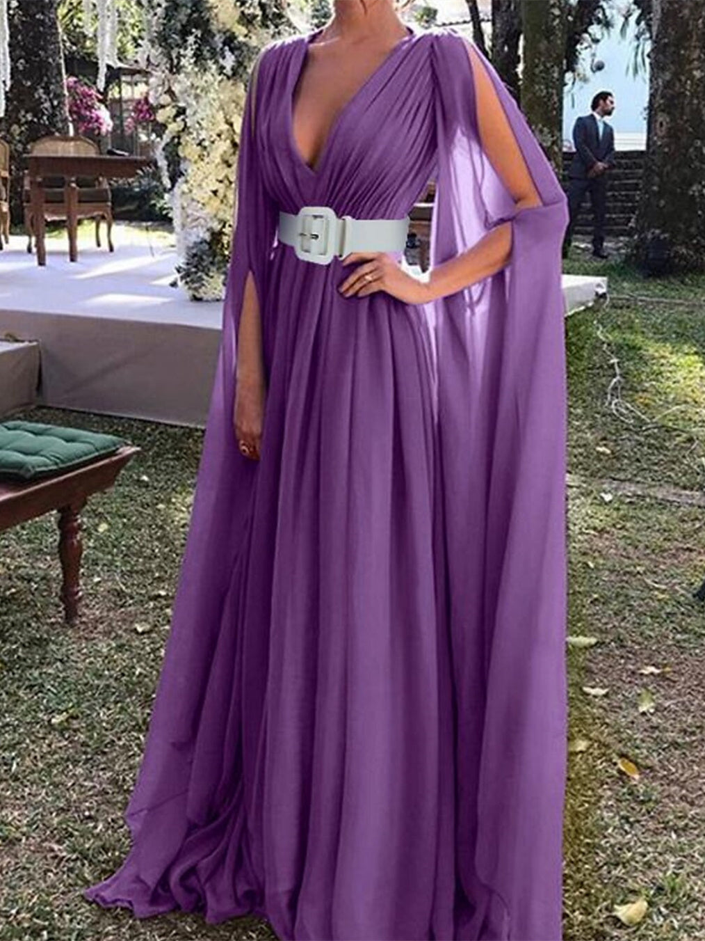 A-Line Floor Length Long Sleeve V Neck Wedding Guest Dresses  Chiffon with Belt