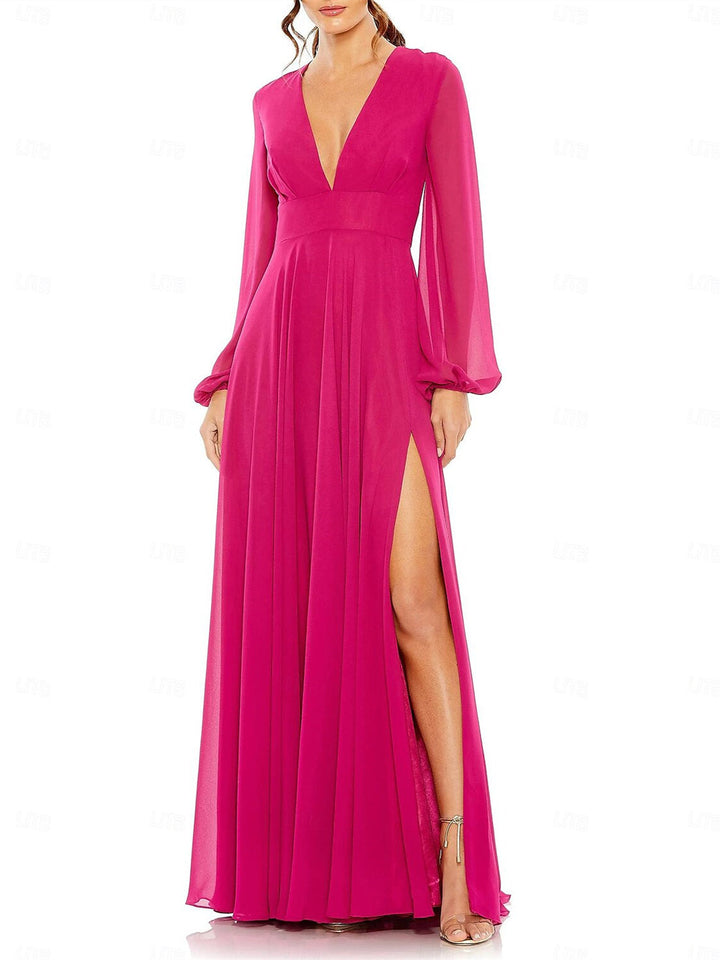 A-Line Floor Length Long Sleeve V Neck Wedding Guest Dresses  Chiffon with Pleat