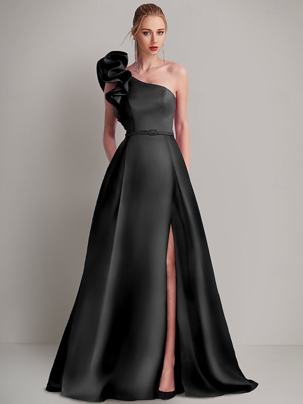 A-Line Floor Length Sleeveless One Shoulder Wedding Guest Dress   Satin with Pocket Shoulder Flower