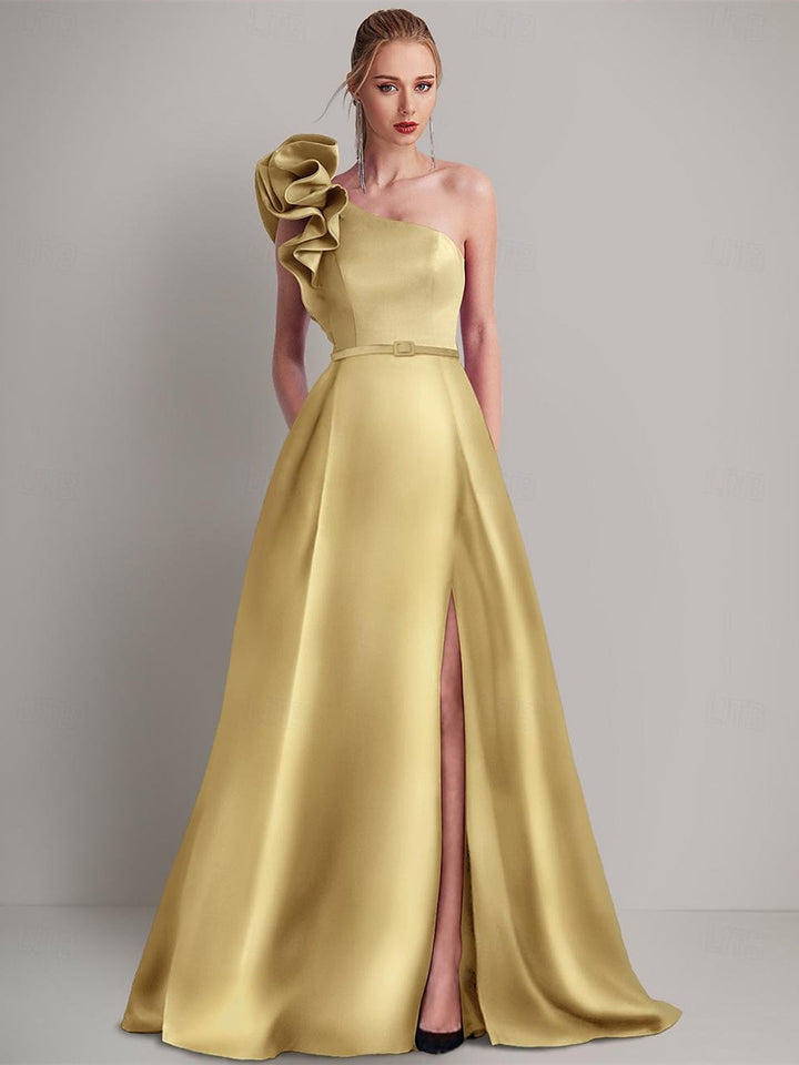 A-Line Floor Length Sleeveless One Shoulder Wedding Guest Dress   Satin with Pocket Shoulder Flower