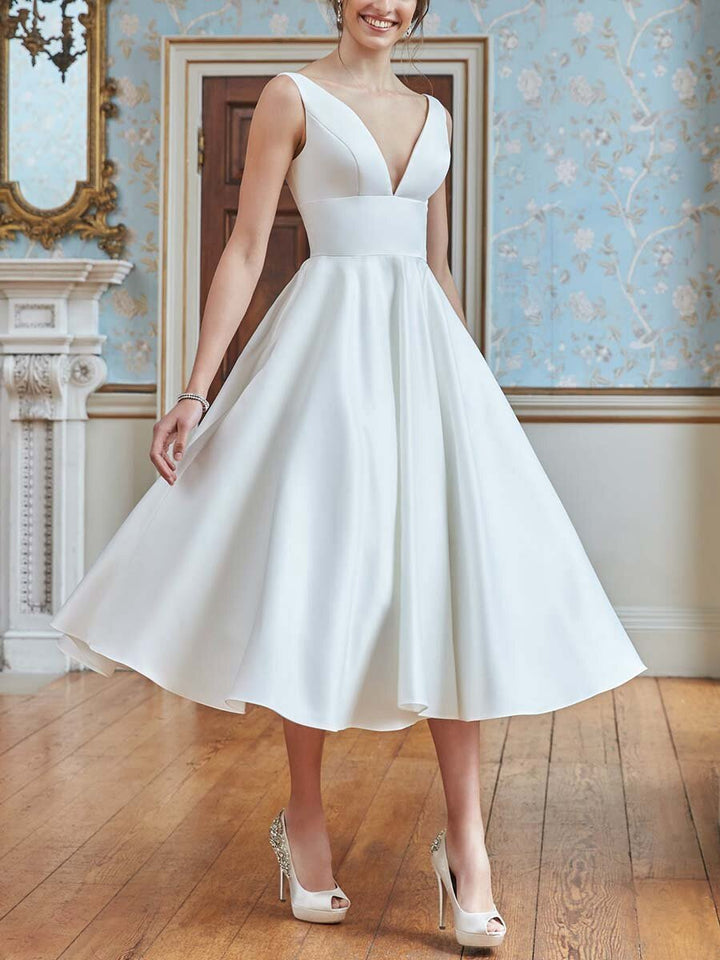 A-Line/Princess V-Neck Tea-Length Sexy Wedding Dress