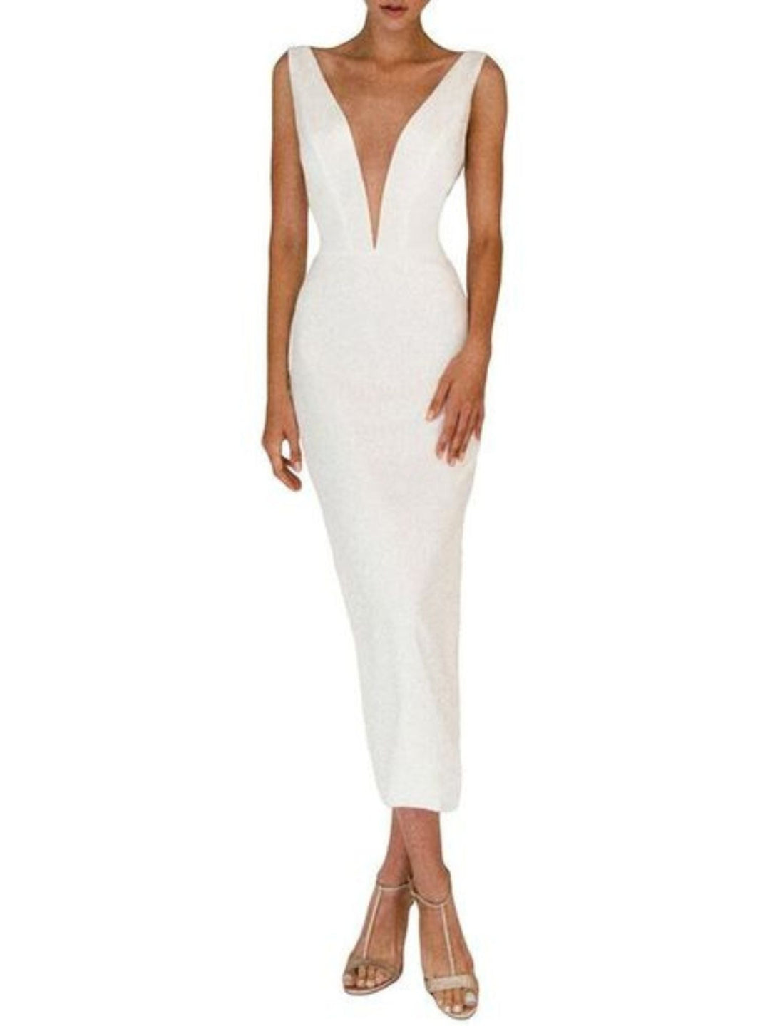 Sheath/Column V-Neck Sleeveless Tea Length MInimalist Wedding Dress