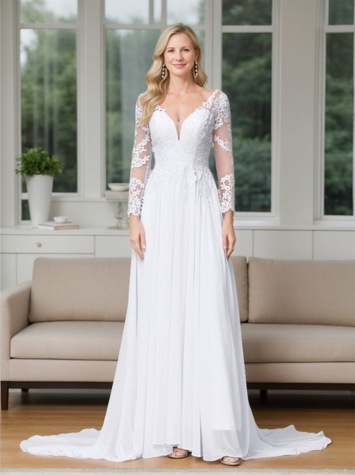 A-Line/Princess V-Neck Long Sleeves Floor Length Appliques Wedding Dress