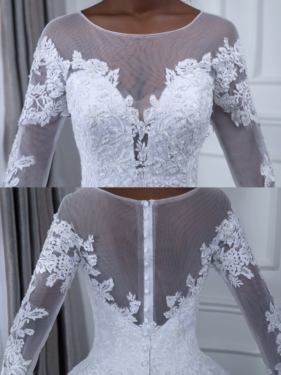 A-Line/Princess Round Neck Long Sleeves Wedding Dresses with Lace Appliques