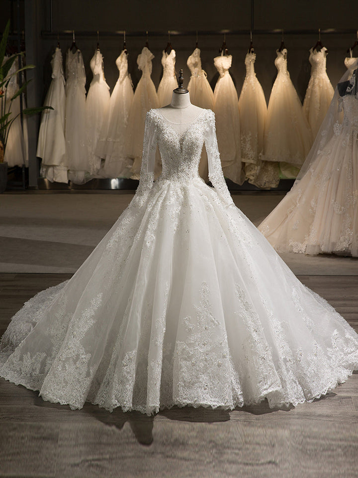 A-Line/Princess Tulle Scoop Long Sleeves Wedding Dresses with Lace Appliques & Beading