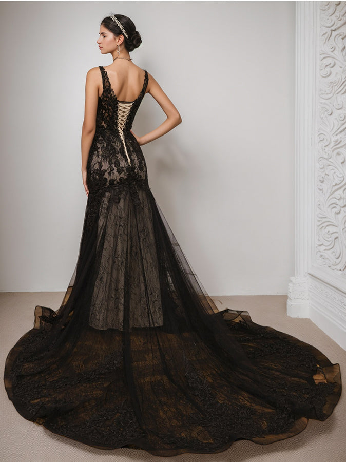 Trumpet/Mermaid V-Neck Sleeveless Black Wedding Dress with Lace Appliq - Mondressy UK Trumpet/Mermaid V-Neck Sleeveless Black Wedding Dress with Lace Appliq - Mondressy UK