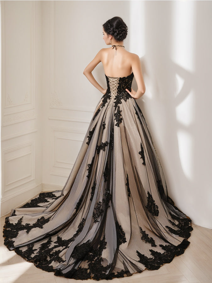 Ball Gown Strapless Sleeveless Black Wedding Dress with Beading & Appliques