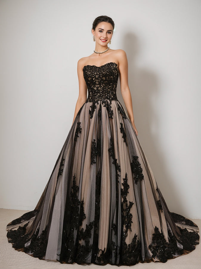 Ball Gown Strapless Sleeveless Black Wedding Dress with Beading & Appliques