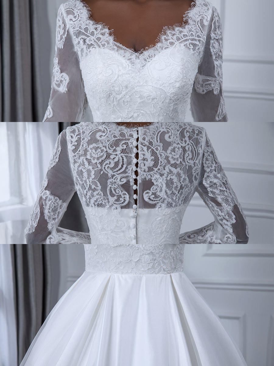 Ball Gown White V-Neck Long Sleeves Wedding Dresses with Appliques