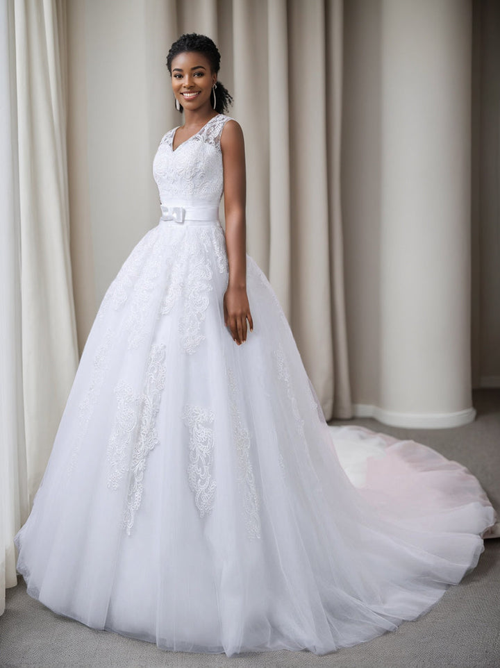 Ball Gown White V-Neck Sleeveless Wedding Dresses with Appliques & Bow Belt