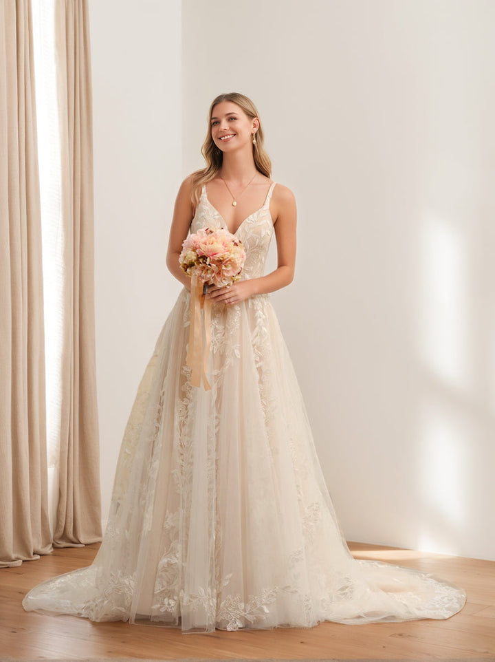 A-Line/Princess Spaghetti Straps Sleeveless Long Wedding Dresses with Appliques