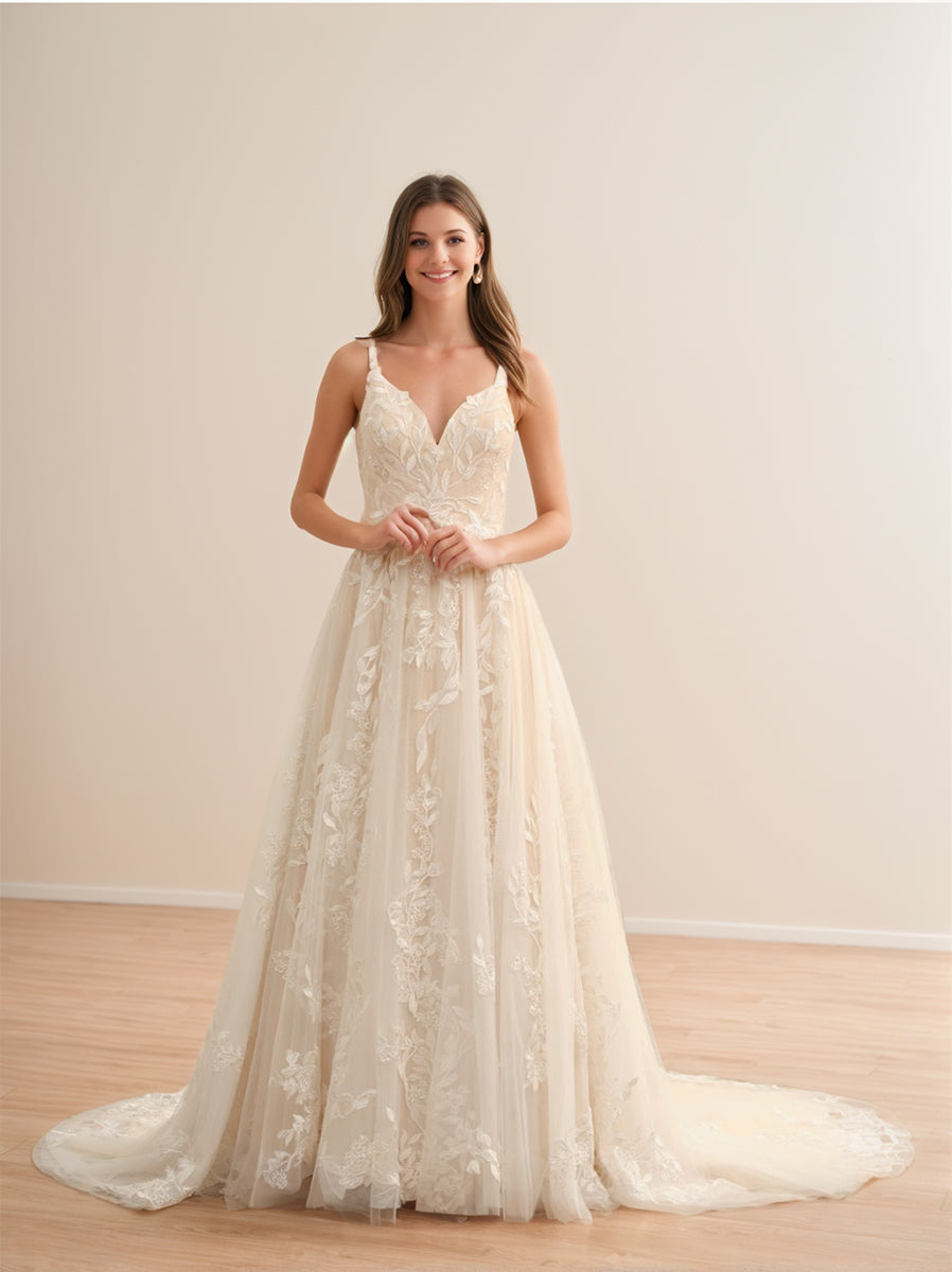 A-Line/Princess Spaghetti Straps Sleeveless Long Wedding Dresses with Appliques