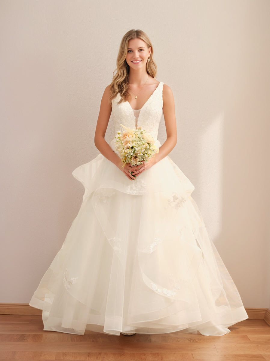 Ball Gown V-Neck Sleeveless Ivory Tulle Wedding Dresses with Lace Appliques