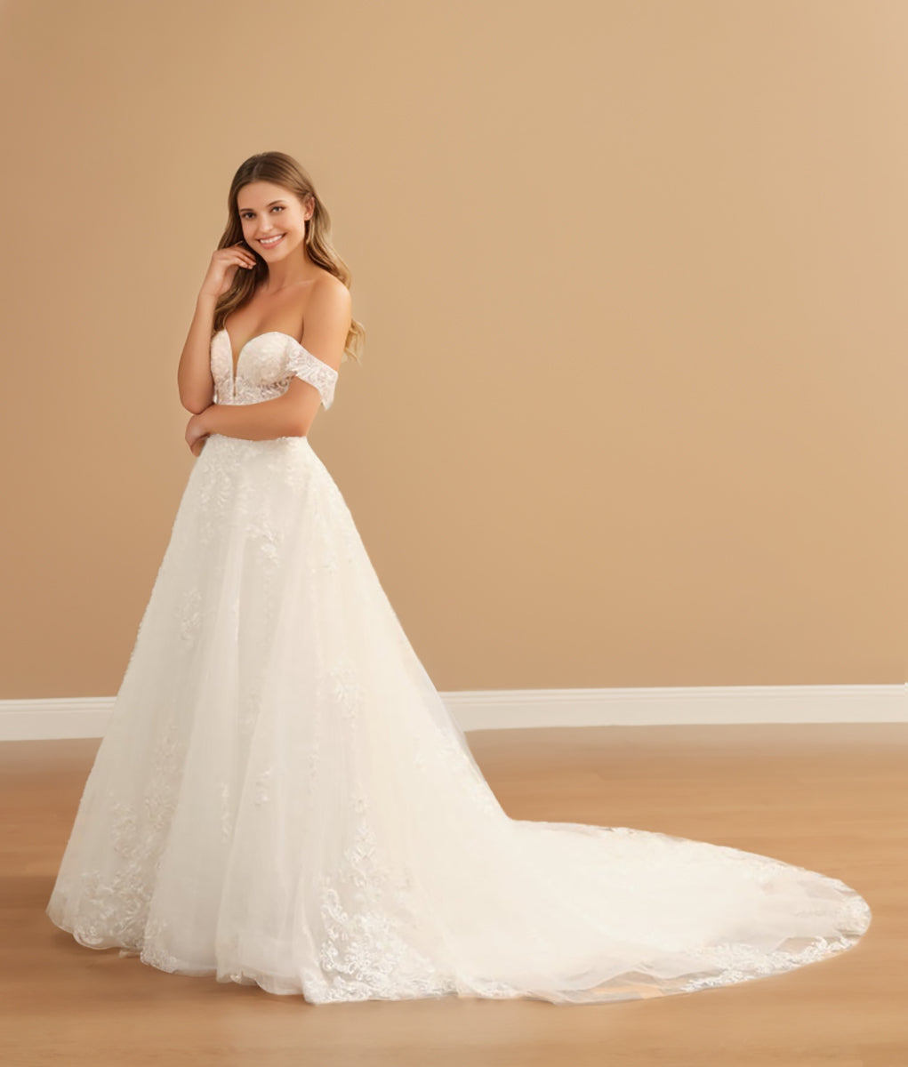 Ball Gown Off-the-Shoulder Sleeveless Long Tulle Wedding Dresses with Lace Appliques