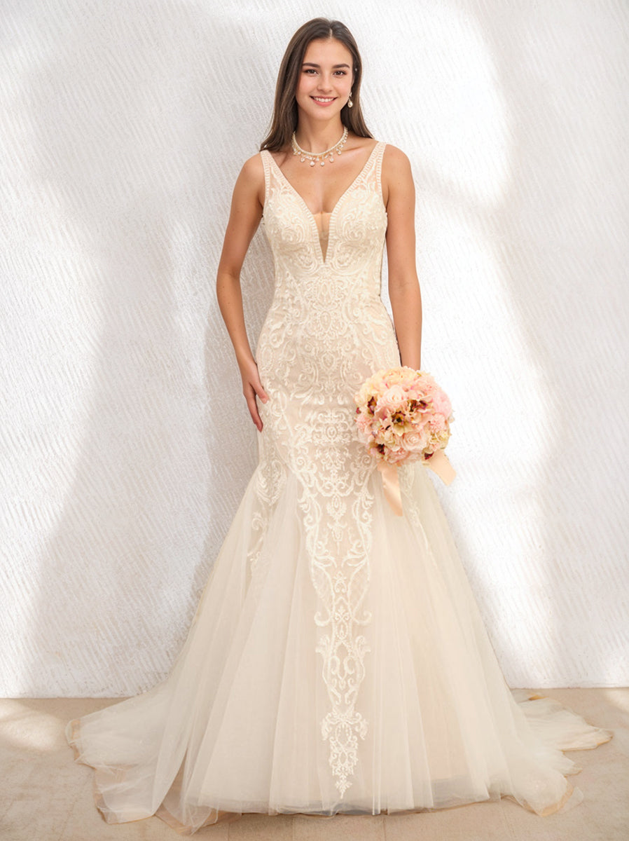 Trumpet/Mermaid V-Neck Sleeveless Tulle Wedding Dresses with Appliques