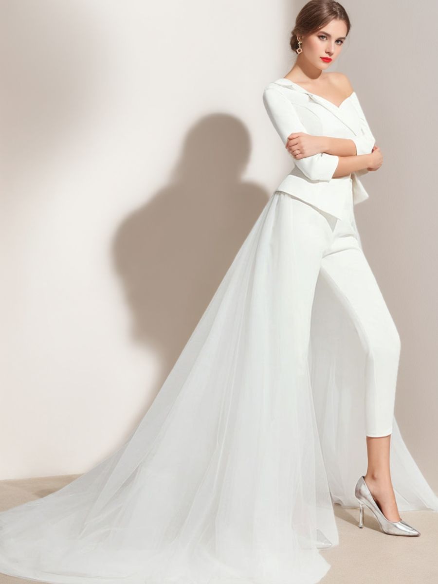 3/4 Sleeves One-Shoulder White Tulle Elegant Wedding Pant Suit Styles