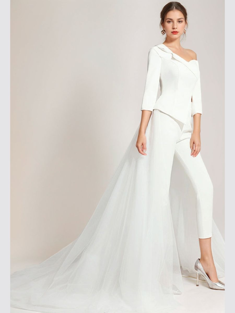 3/4 Sleeves One-Shoulder White Tulle Elegant Wedding Pant Suit Styles