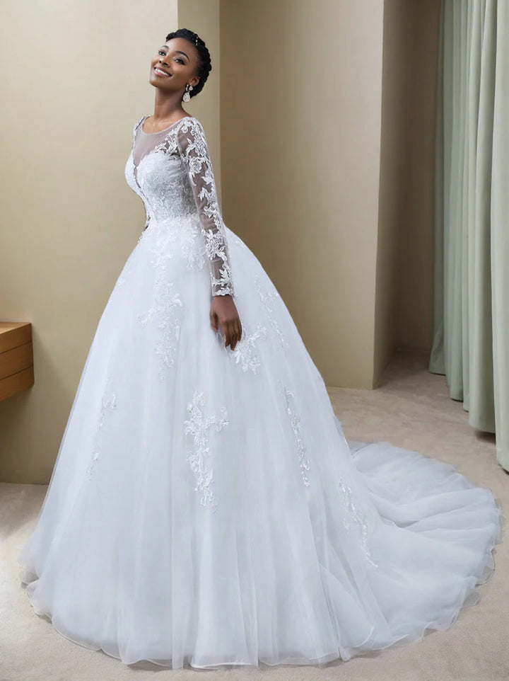 A-Line/Princess Tulle Sheer Neck Long Sleeves Wedding Dresses with Lace Appliques