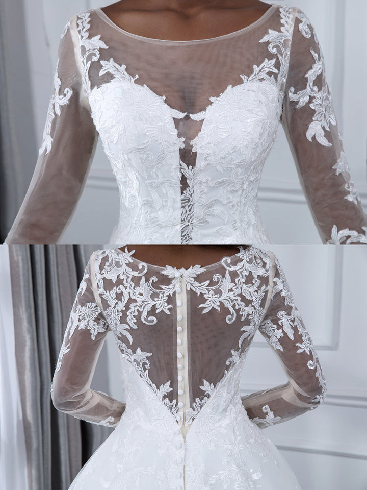 A-Line/Princess Tulle Sheer Neck Long Sleeves Wedding Dresses with Lace Appliques