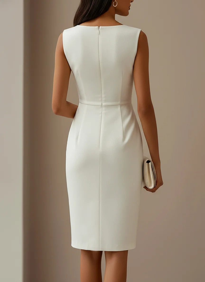 Sheath/Column Crew Neck Sleeveless Knee Length Wedding Dress with Bow & Ruffles