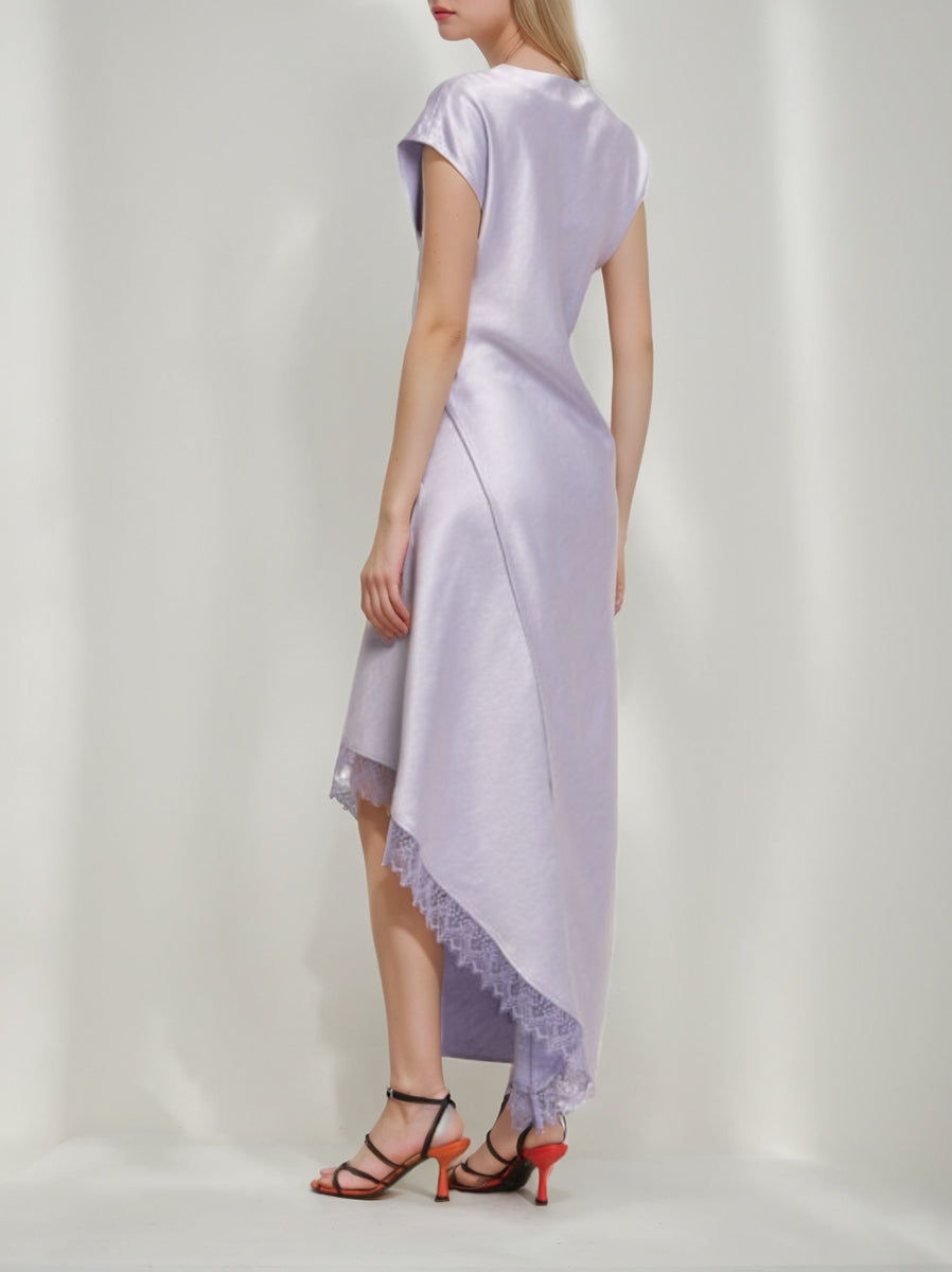 Sheath/Column Round Neck Short Sleeves Asymmetrical Wedding Guest Dress with Lace