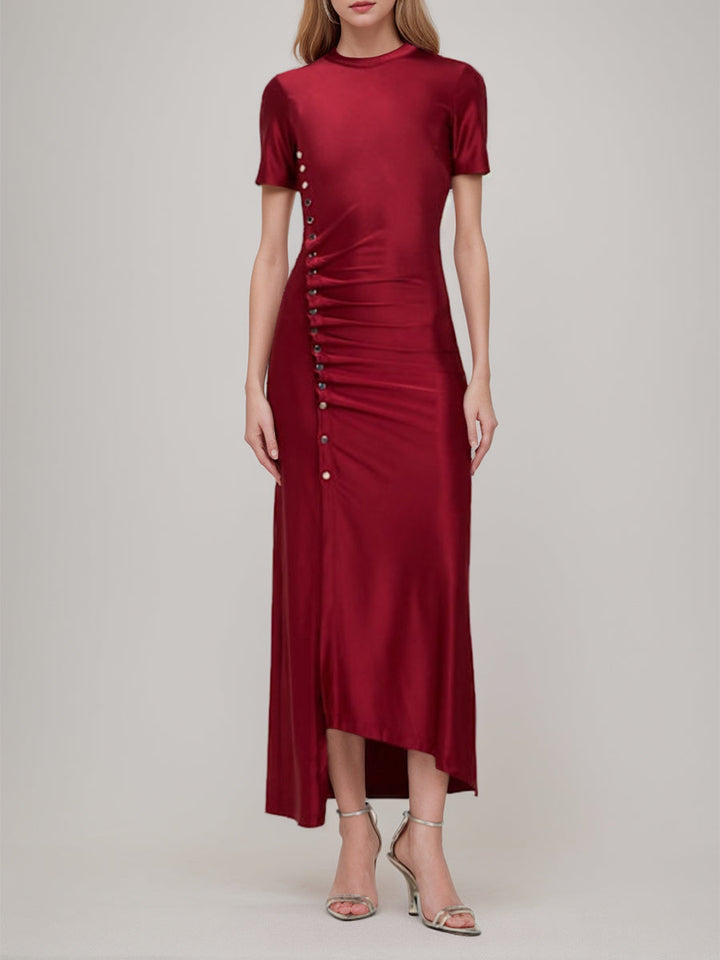 Sheath/Column Scoop Short Sleeves Asymmetrical Wedding Guest Dress with Bottons & Ruches